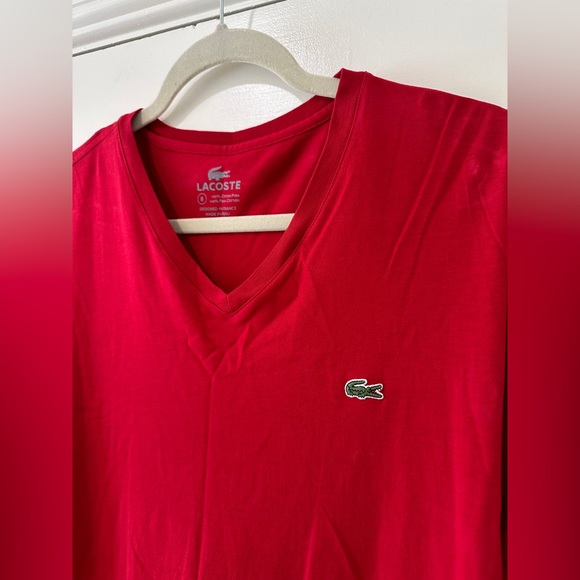 Mens Lacoste red v neck short sleeve shirt top - Picture 5 of 9